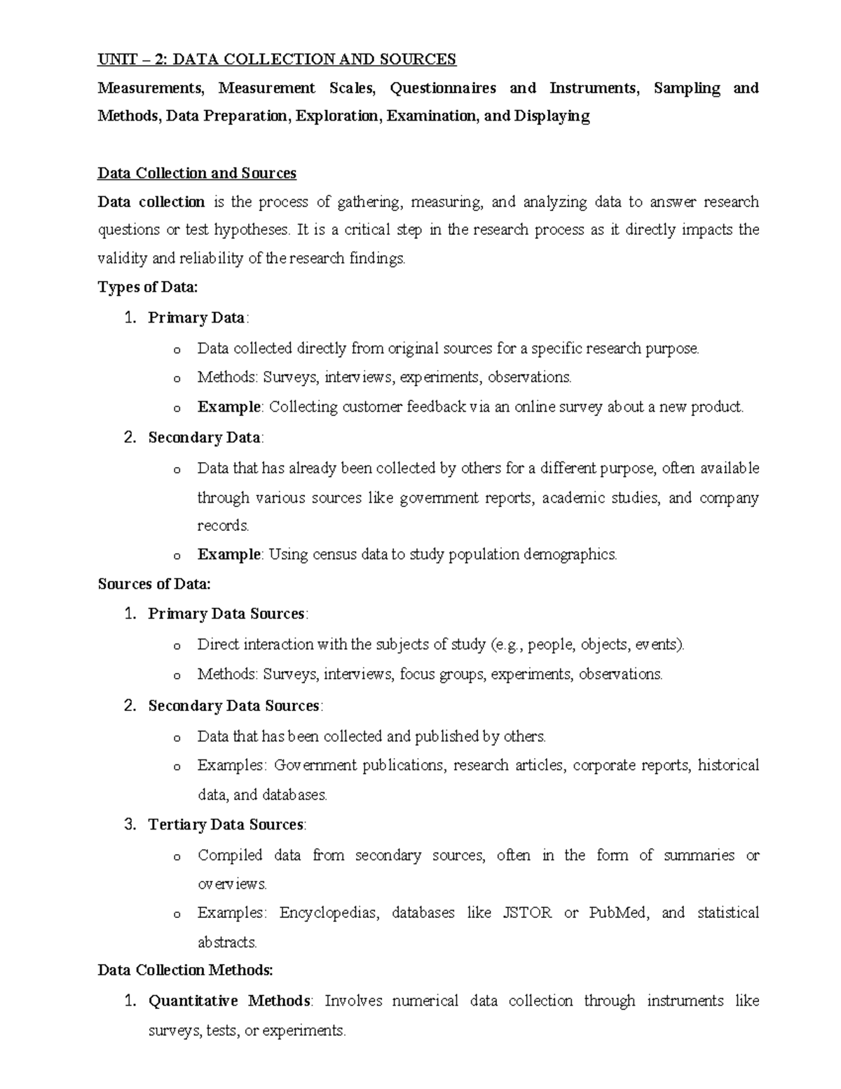 RM UNIT 2: Data Collection, Sources, and Measurement Methods - Studocu