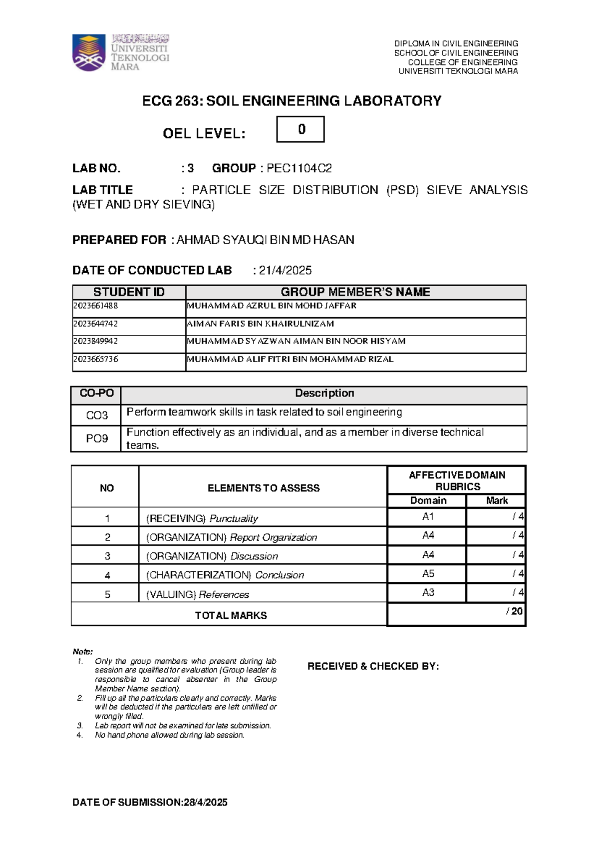 LAB 3: PARTICLE SIZE DISTRIBUTION (PSD) SIEVE ANALYSIS - ECG 263 - Studocu
