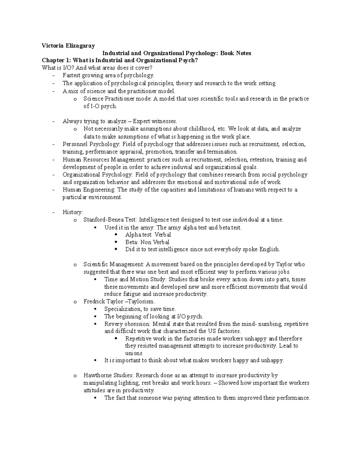 I-O Psychology Chapter 1 & 2 Notes (PSY 301) - Key Concepts & Insights ...