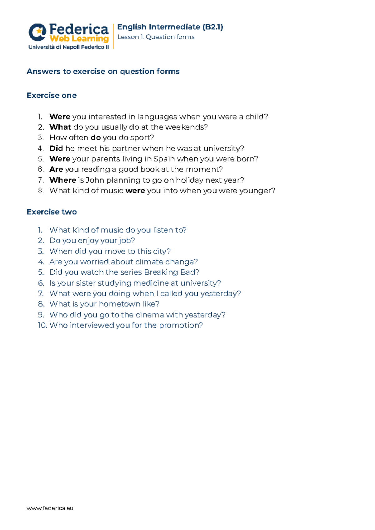 B2.1 English Intermediate Lesson 1: Answers to Question Forms Exercise ...