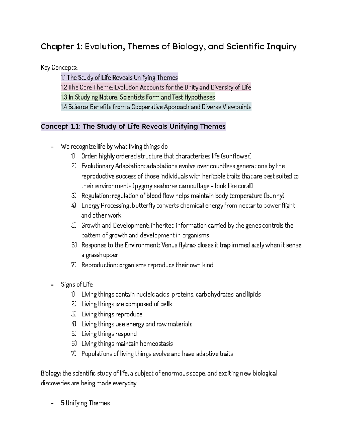 Biology 101: Chapter 1 Notes on Evolution and Themes of Life - Studocu