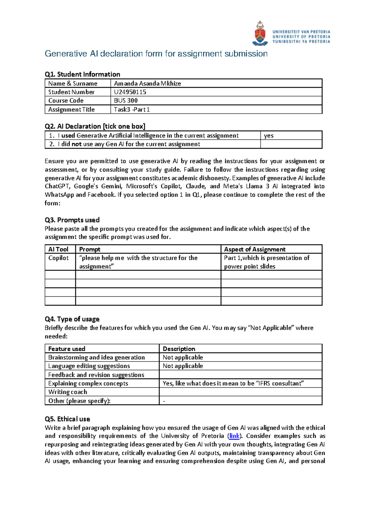 Generative AI Declaration Form for Assignment Submission BUS 300 Task 3 ...