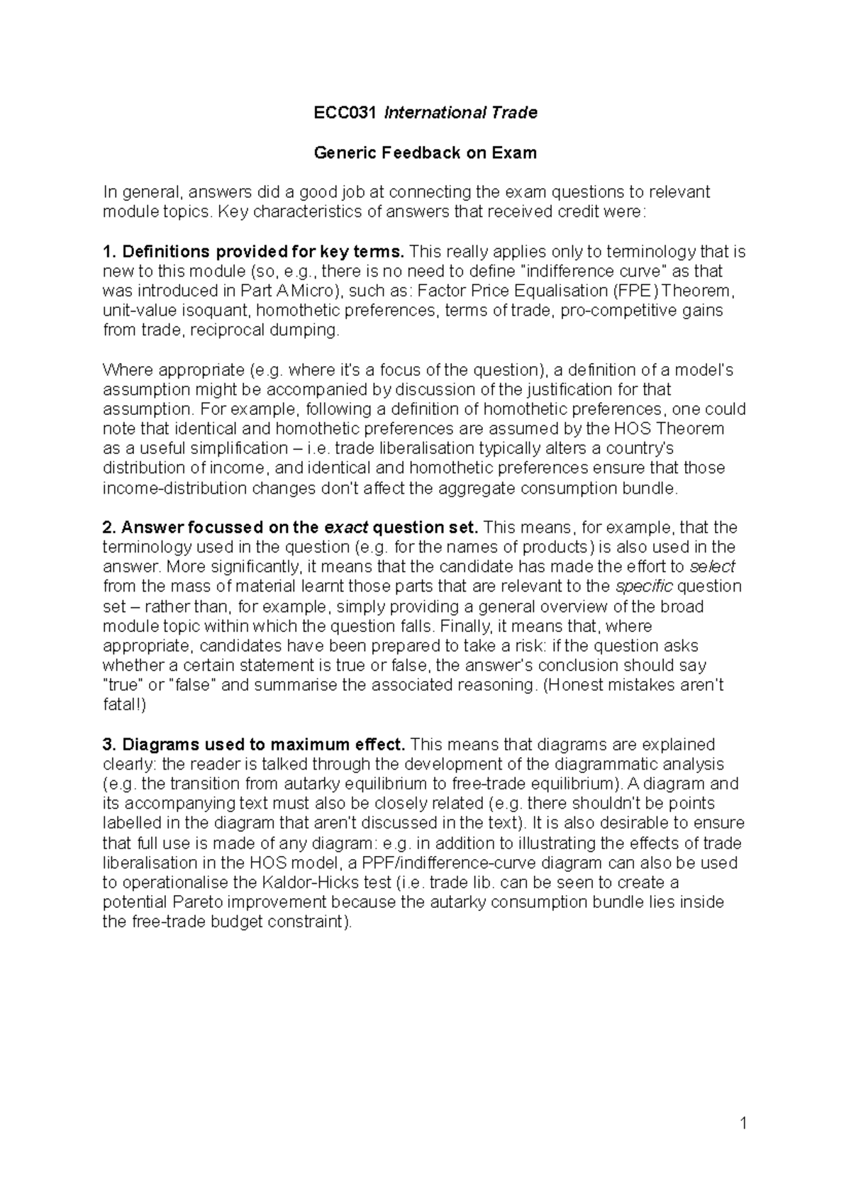 ECC031 International Trade Exam Feedback Summary - Studocu