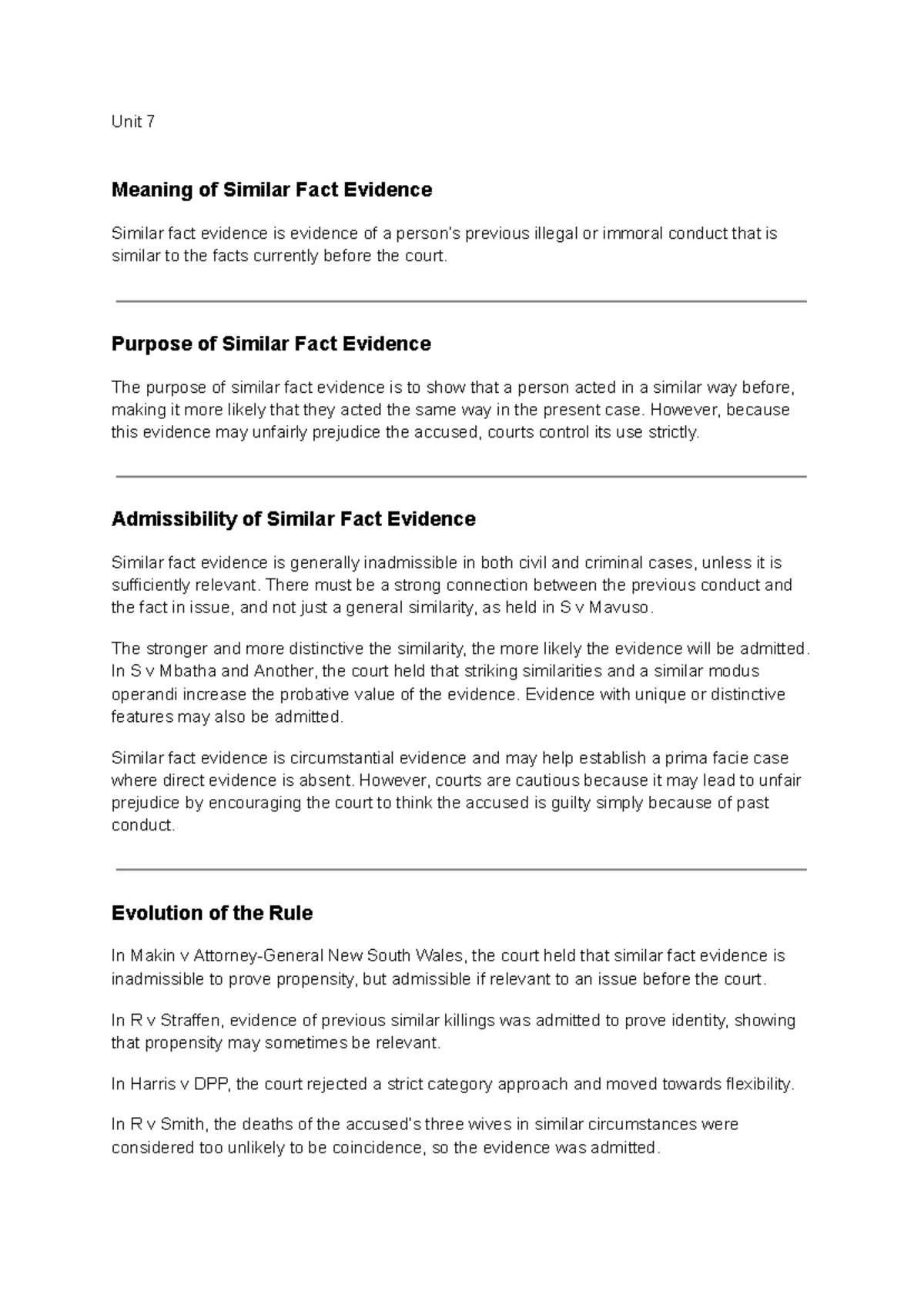 Unit 7 - Summary of Similar Fact Evidence Principles - Studocu