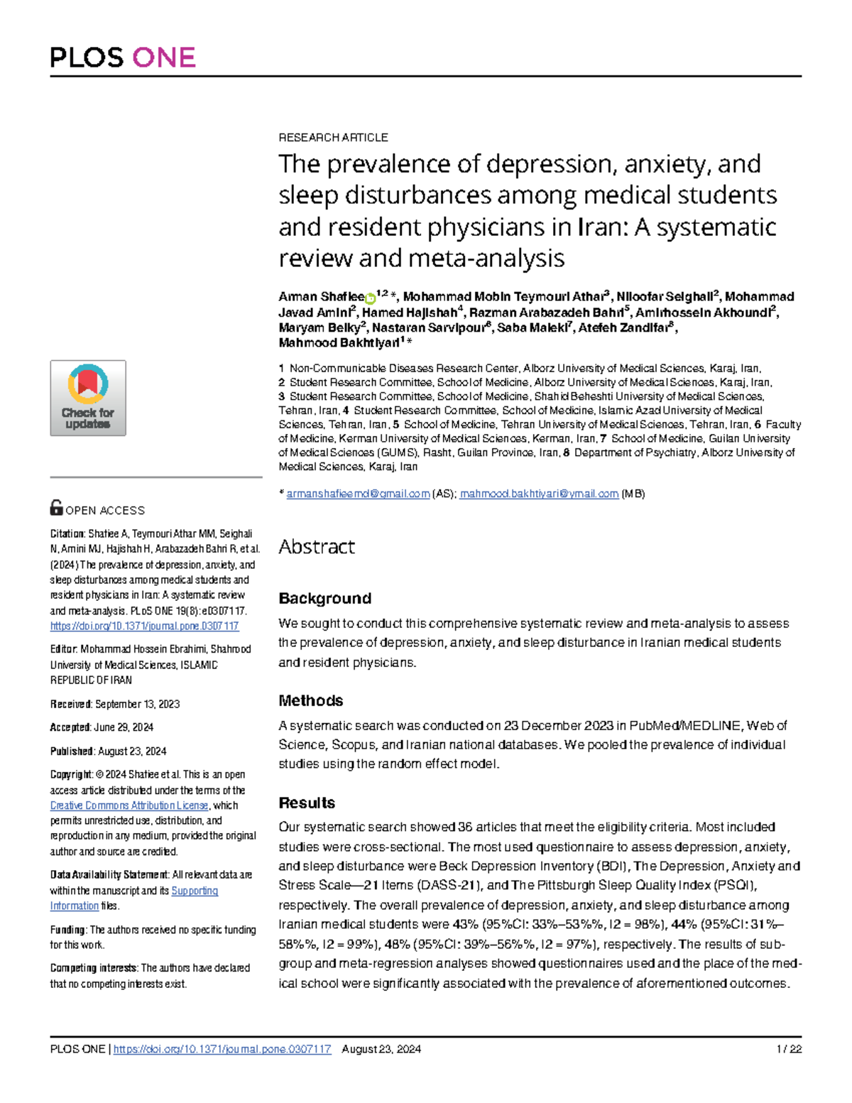 Prevalence of Depression, Anxiety, and Sleep Disturbances in Iranian ...