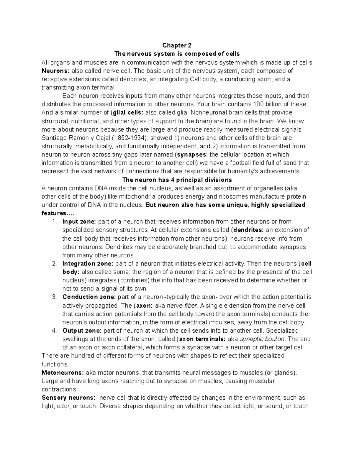 PSYC 273 Chapter 2 Notes - Chapter 2 The nervous system is composed of ...