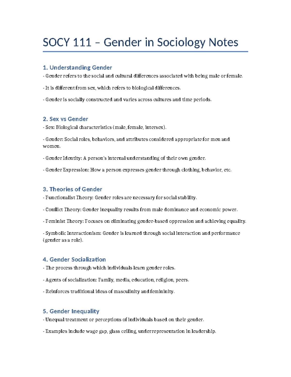 SOCY 111 – Comprehensive Notes on Gender in Sociology - Studocu