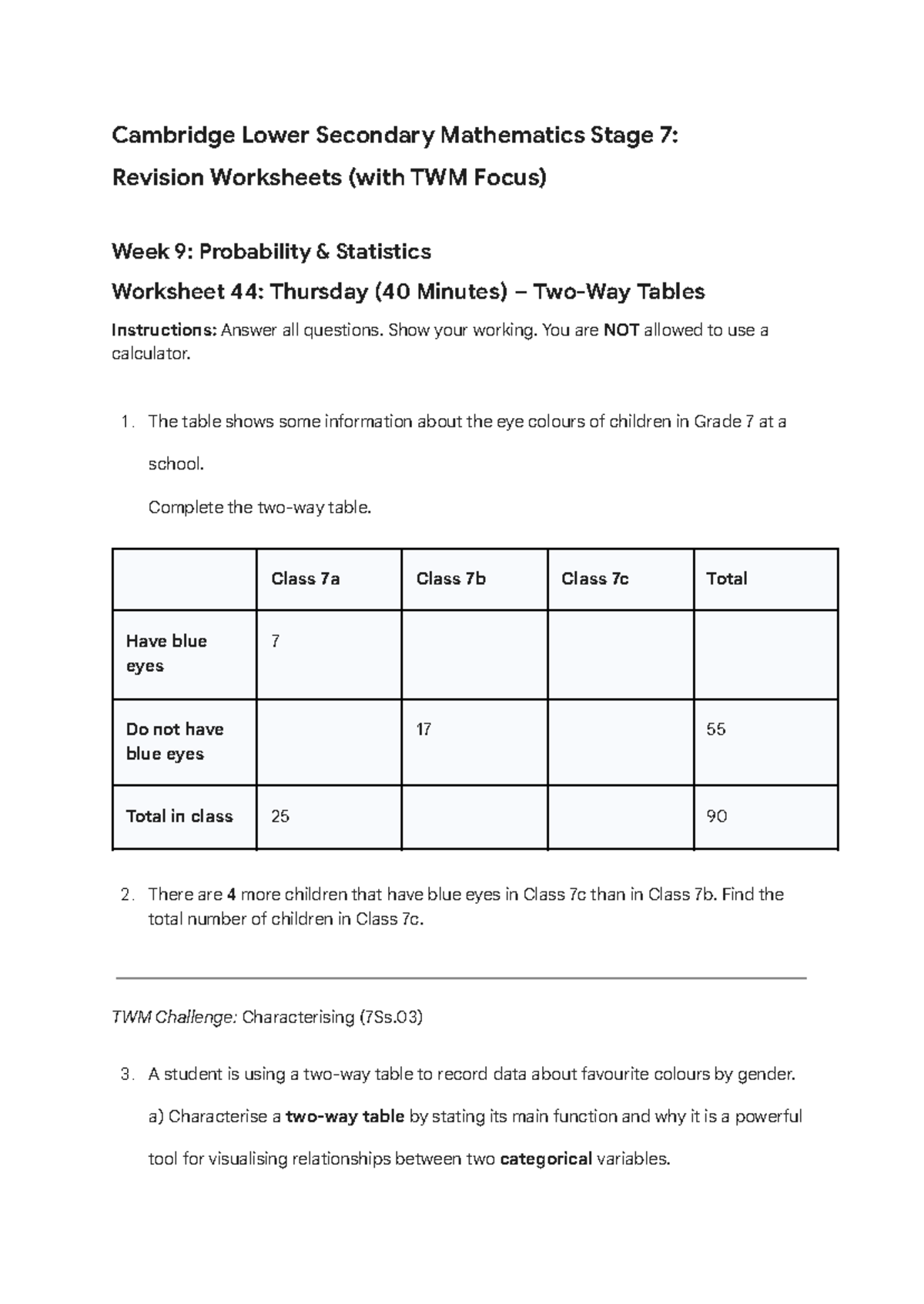 Stage 7 Math Worksheet 44: Probability & Statistics (TWM Focus) - Studocu
