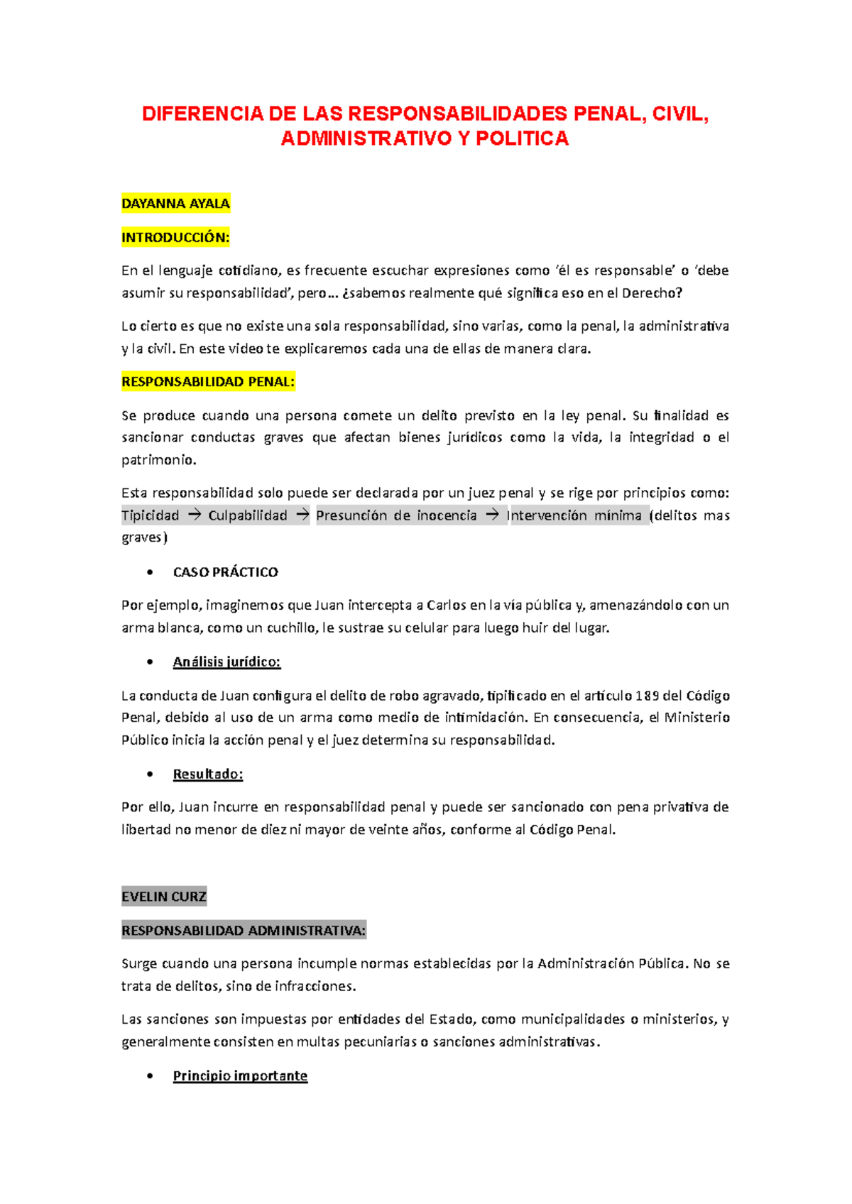 Diferencias entre Responsabilidades Penal, Civil y Administrativa - Document Preview