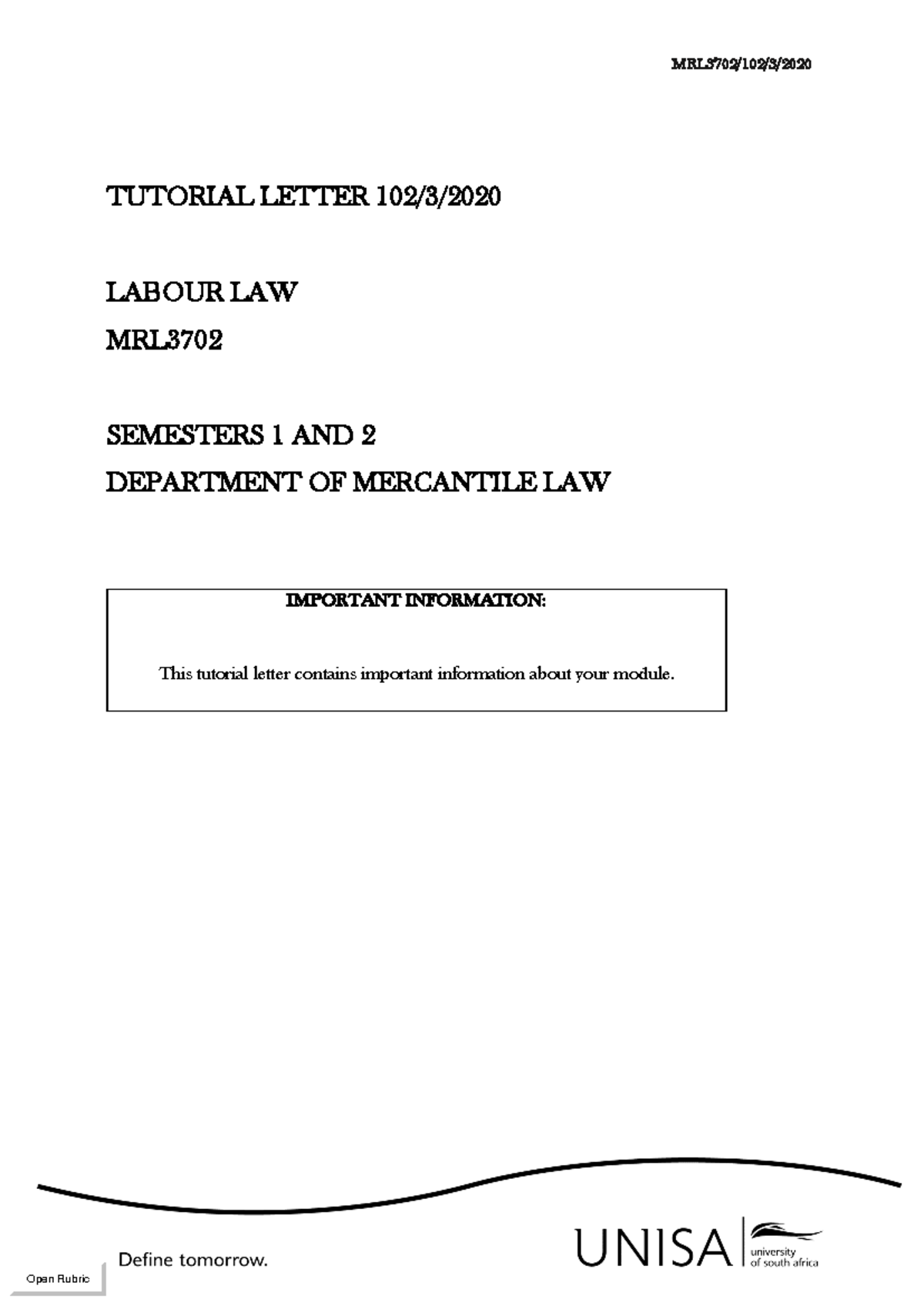MRL3702 102 2020 Tutorial Letter: Key Insights on Essential Labour Law ...