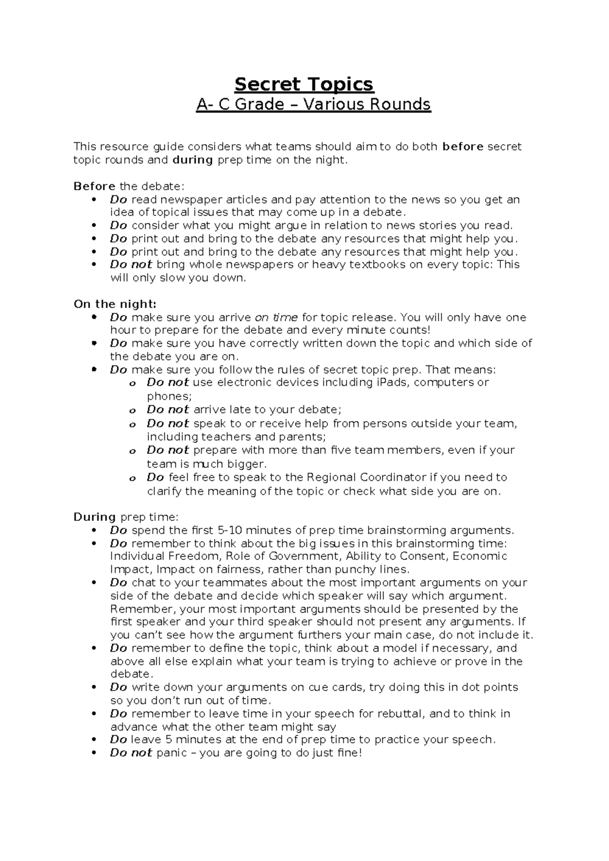 Secret Topics Dos and Don'ts - Secret Topics A- C Grade – Various ...