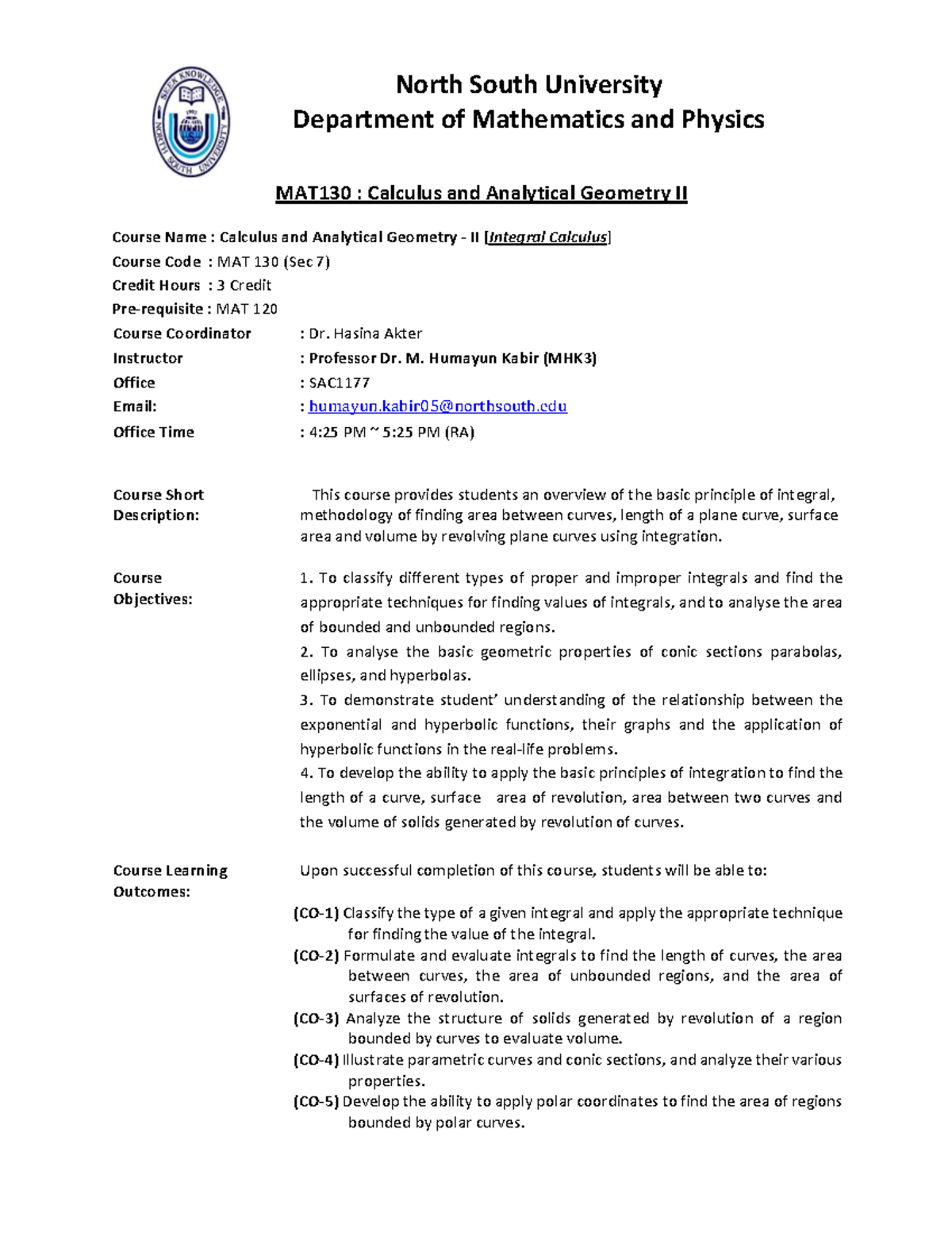 Course Outline MAT130 7 - North South University Department of ...