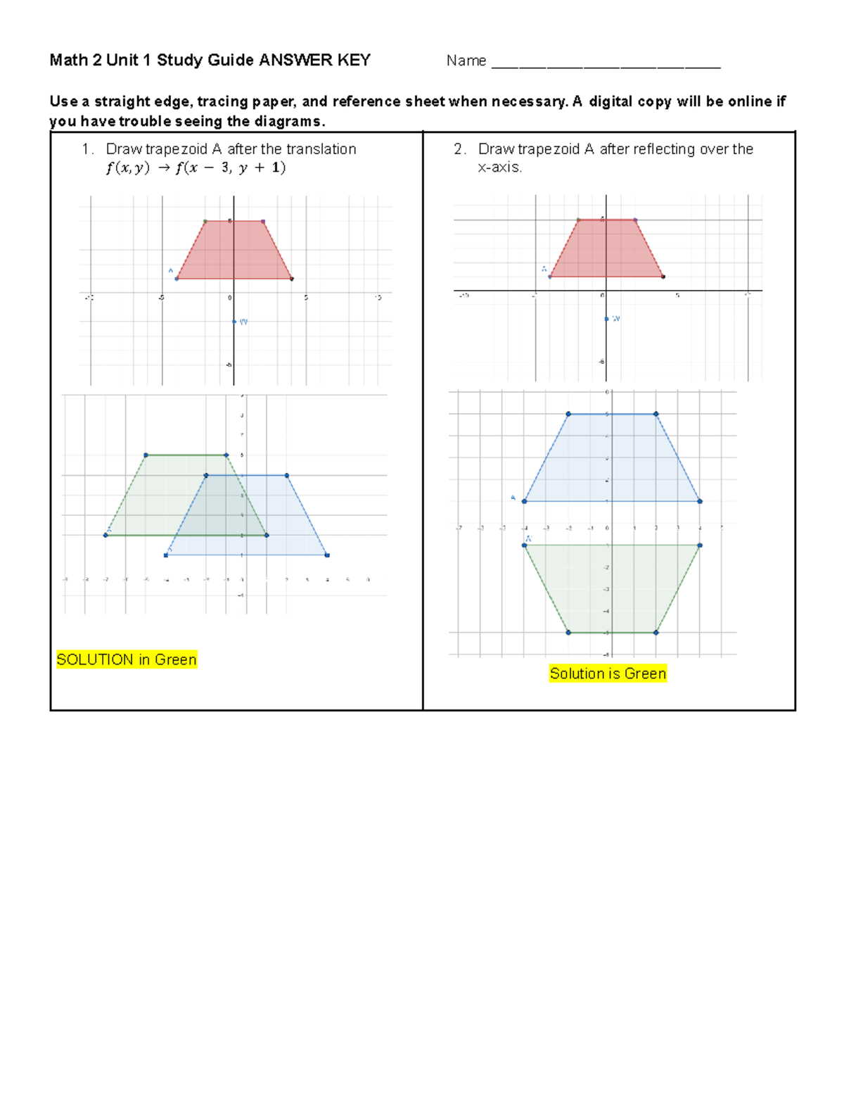 Math 2 Unit 1 Study Guide: Transformations &amp; Symmetries Answer Key - Studocu