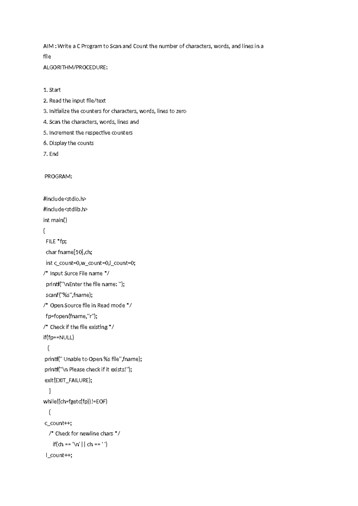 AIM: C Program for Counting Characters, Words, and Lines in a File ...