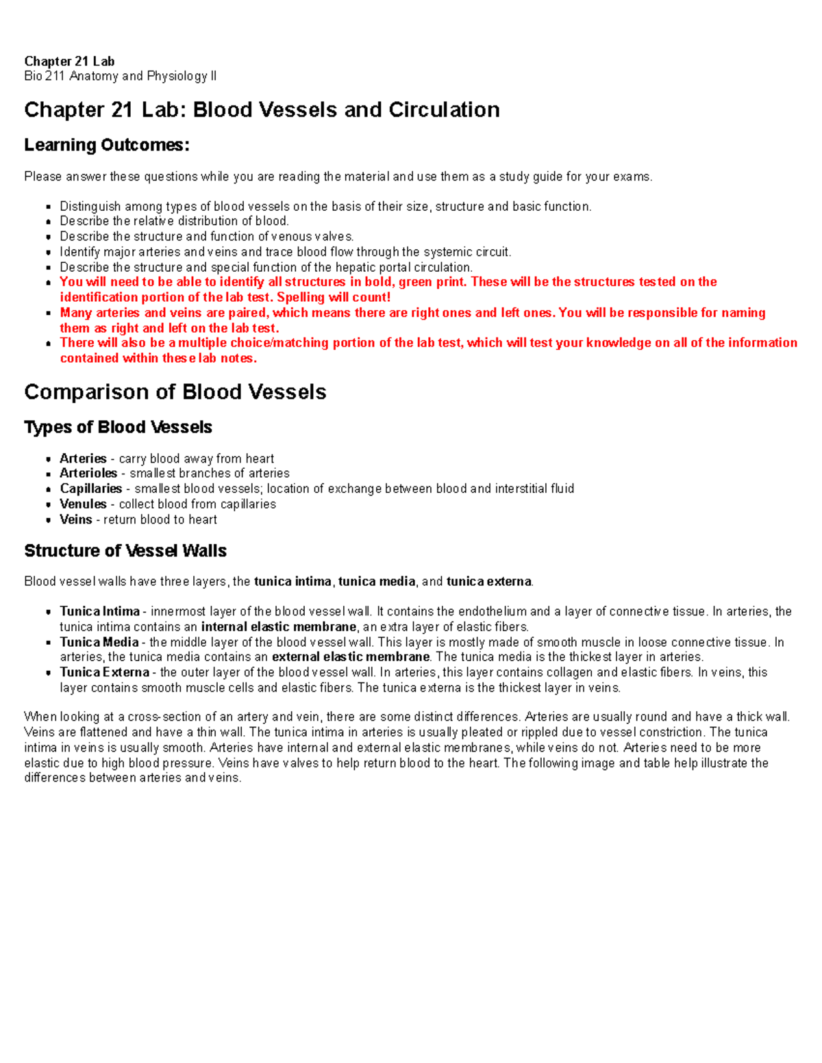 Bio 211 Chapter 21 Lab: Blood Vessels & Circulation Study Guide - Studocu