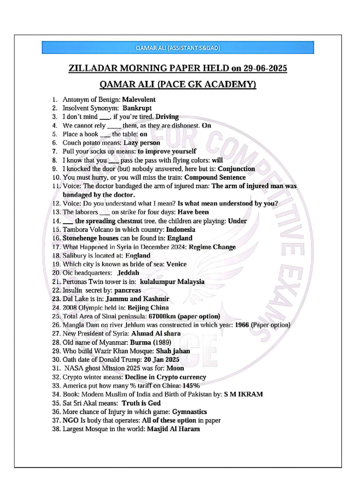 Zilladar Morning Paper (QAMAR ALI) - Assistant Exam Prep Notes - Studocu