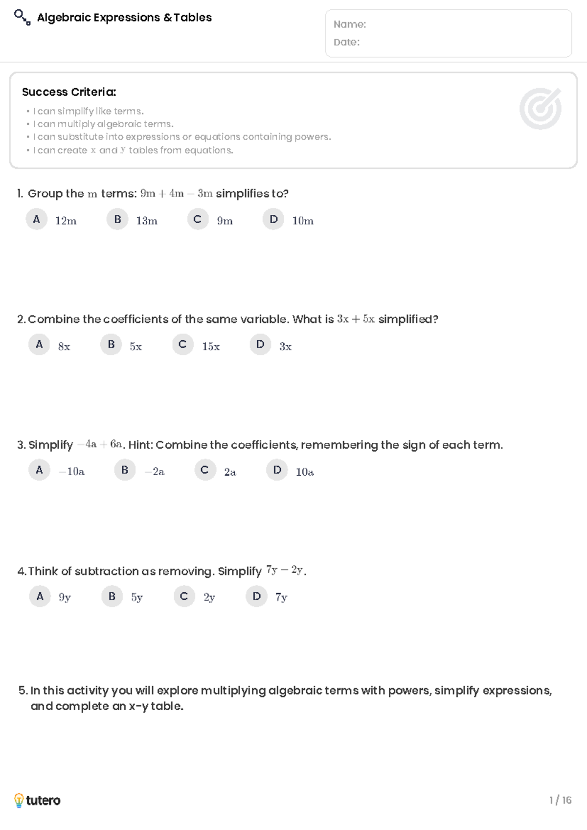 Algebraic Expressions & Tables - Worksheet (Math 101) - Studocu