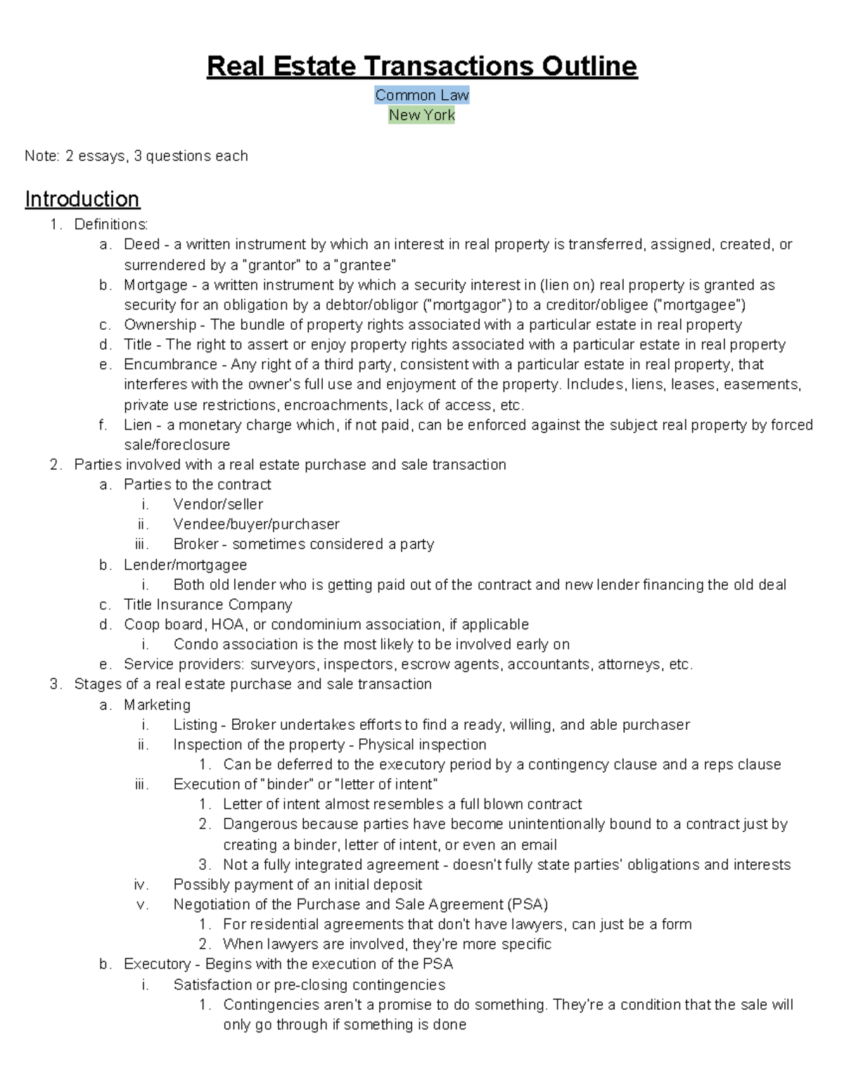 Real Estate Transactions Outline - Common Law NY - Fall 2022 - Studocu