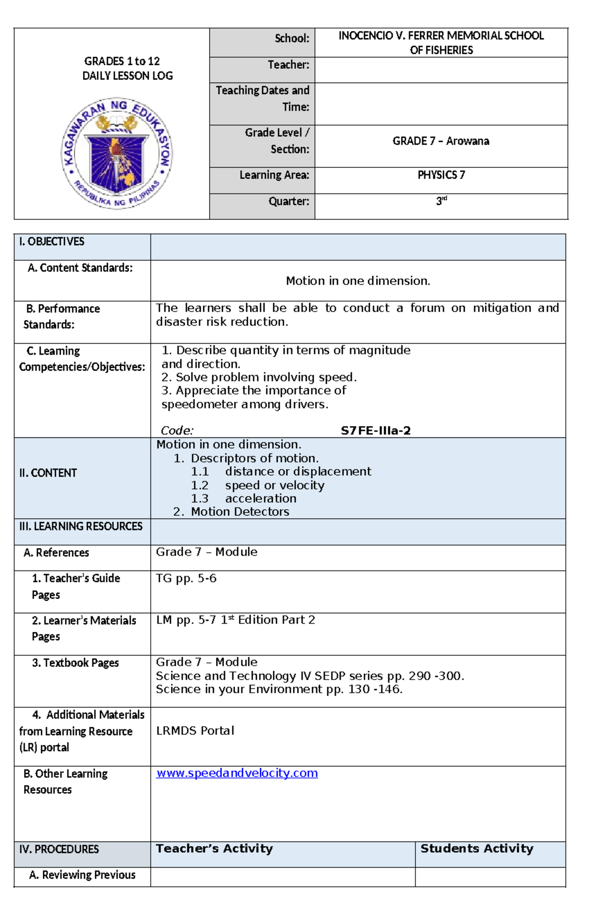 PPST PLAN S7FE-IIIa - Lesson Plan on Speed in Physics 7 - Studocu
