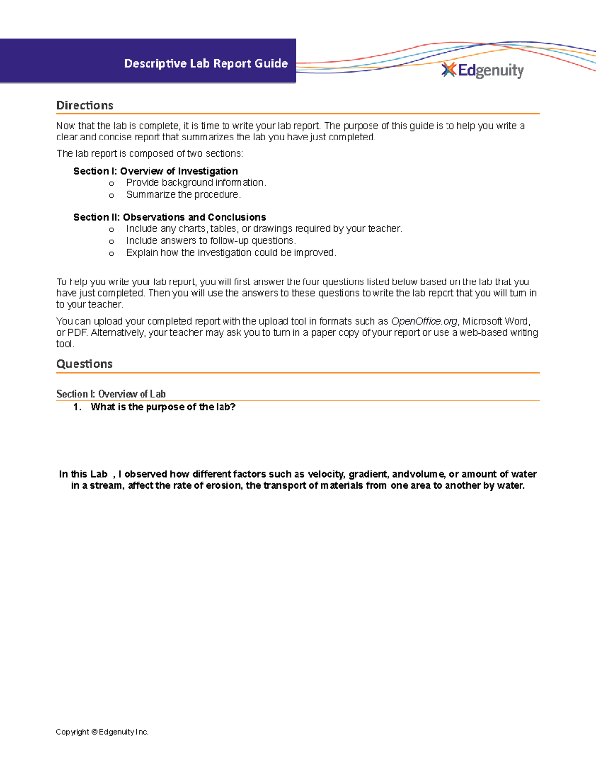 Descriptive Lab Report Guide - Directions Now that the lab is complete ...
