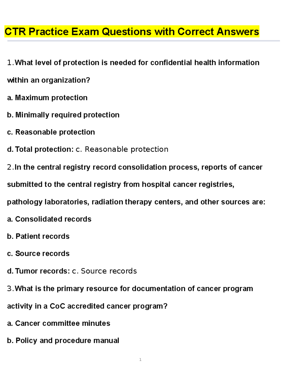 CTR 2023 Practice Exam Questions & Answers for Cancer Registry - Studocu