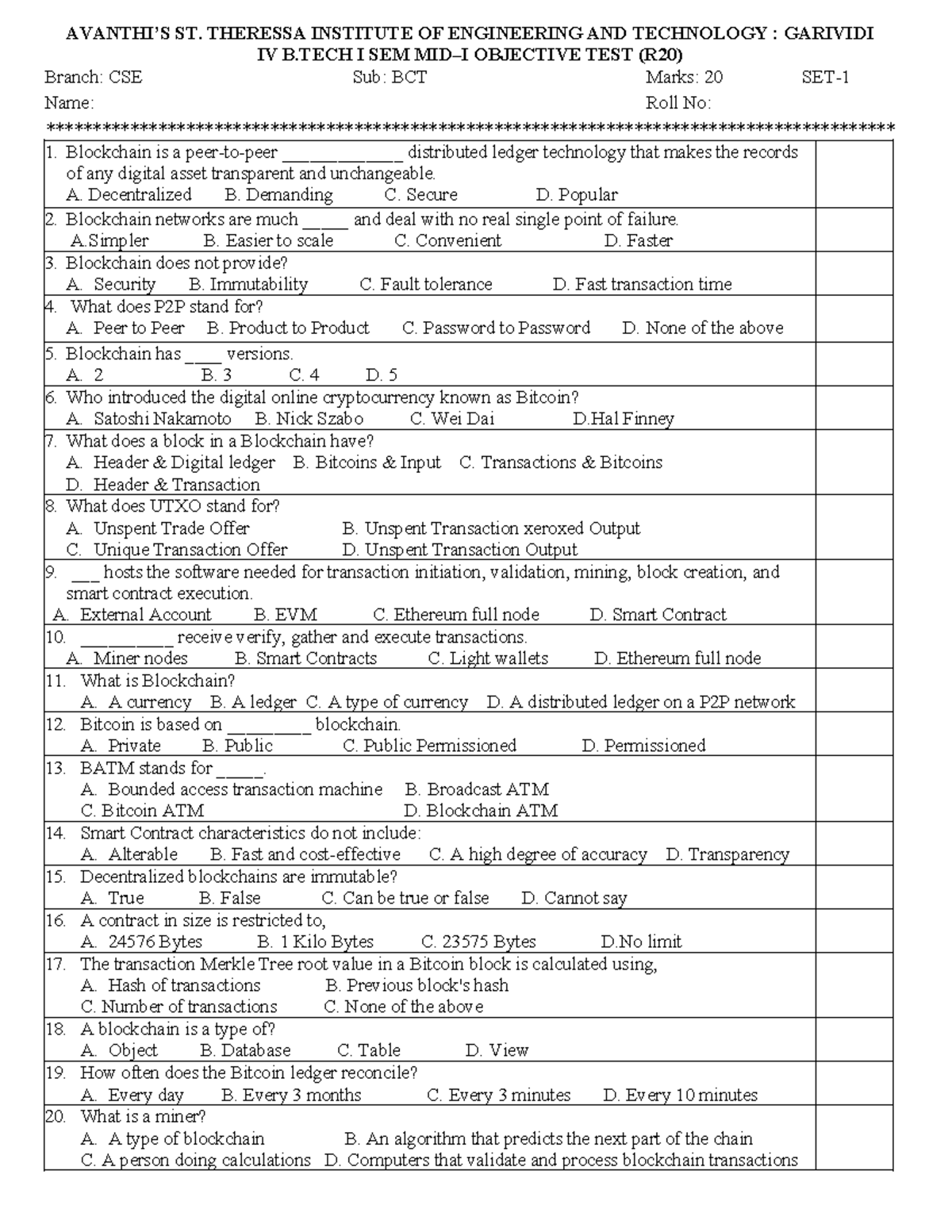 BCT Quiz-1: Blockchain Concepts and Terminology (R20) - Studocu