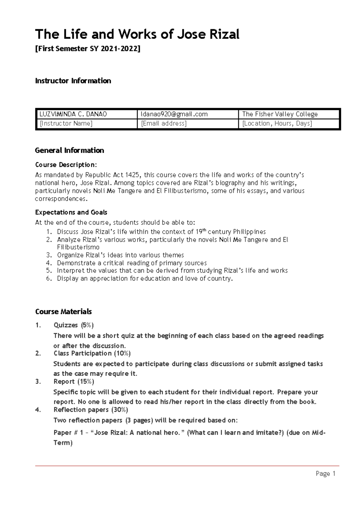 RIZAL 101: Syllabus for Life and Works of Jose Rizal Course - Studocu