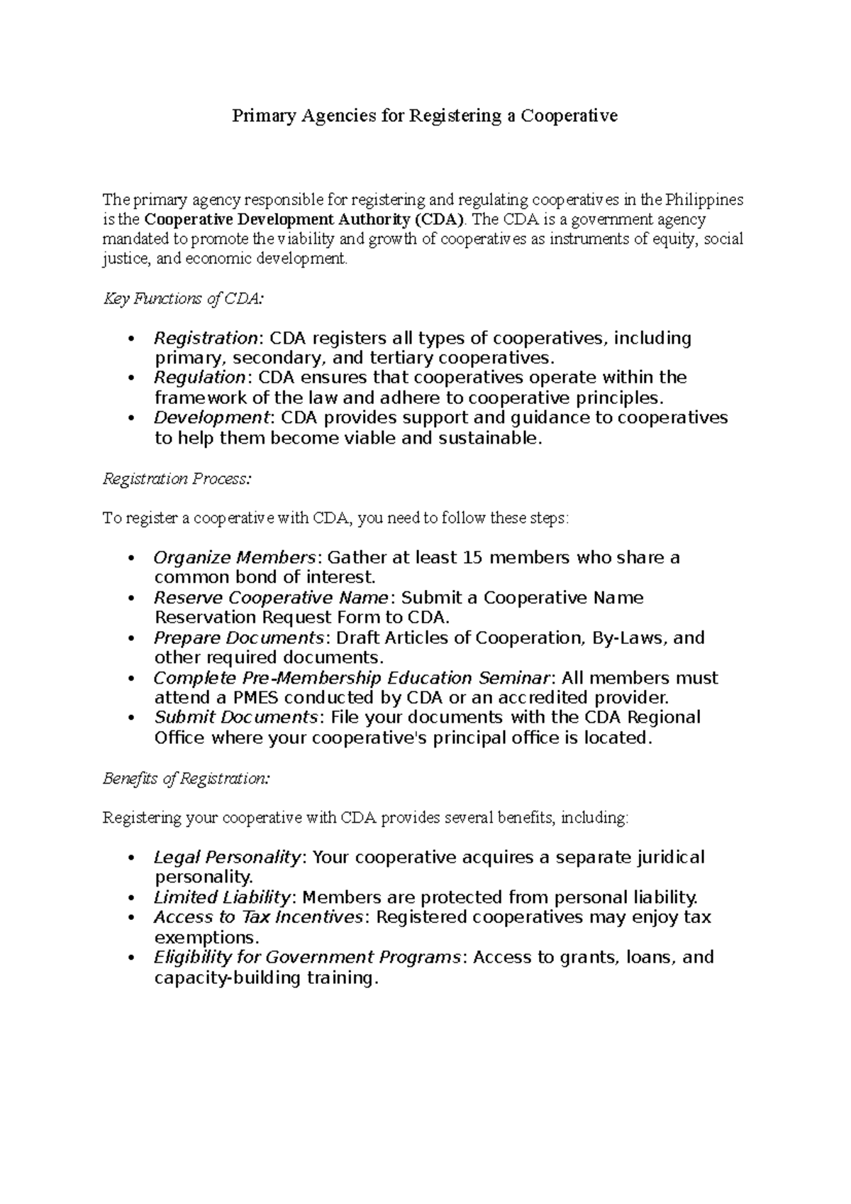 CDA Registration Process for Cooperatives in the Philippines - Studocu