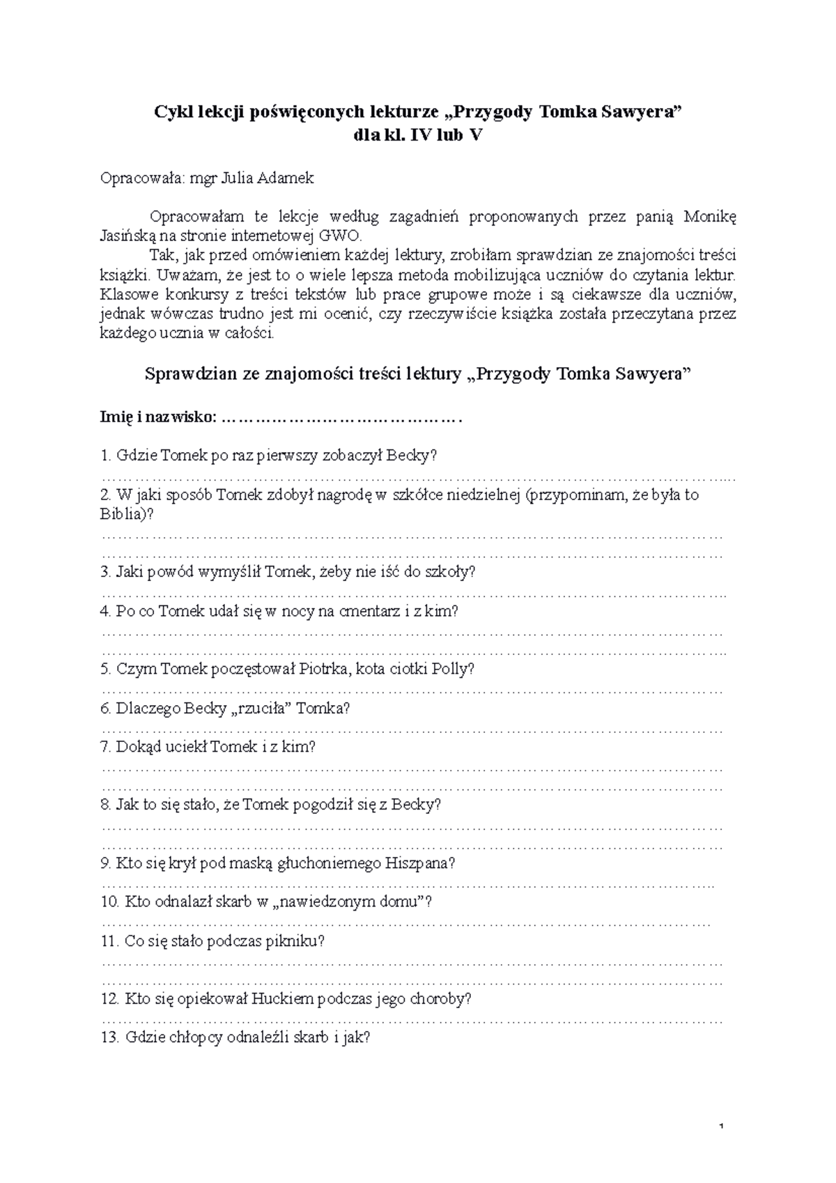 Lekcje o "Przygodach Tomka Sawyera" dla klas IV-V - plan i materiały