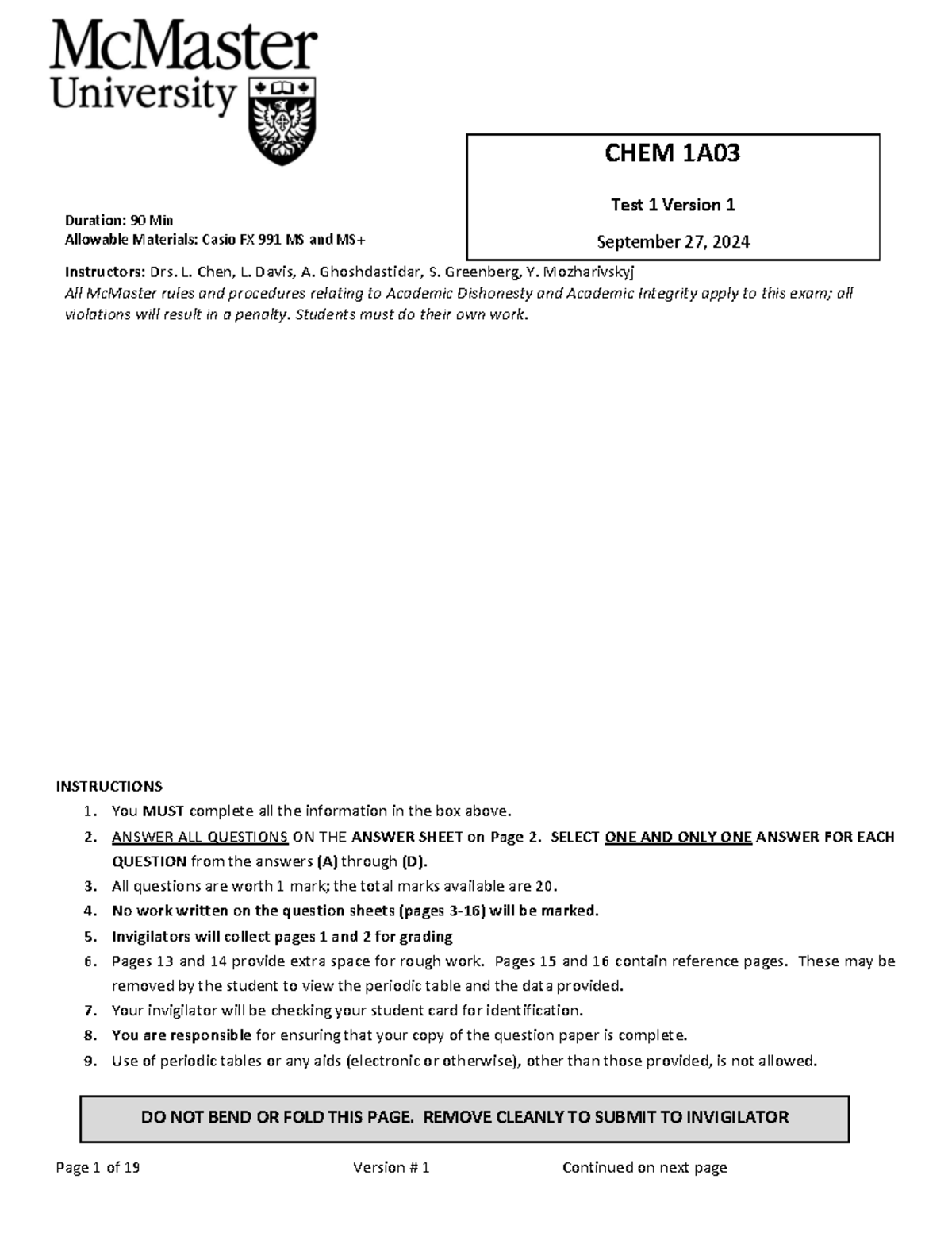 2249 CHEM 1A03 Midterm 1 2024 Solutions with Key Concepts - Studocu