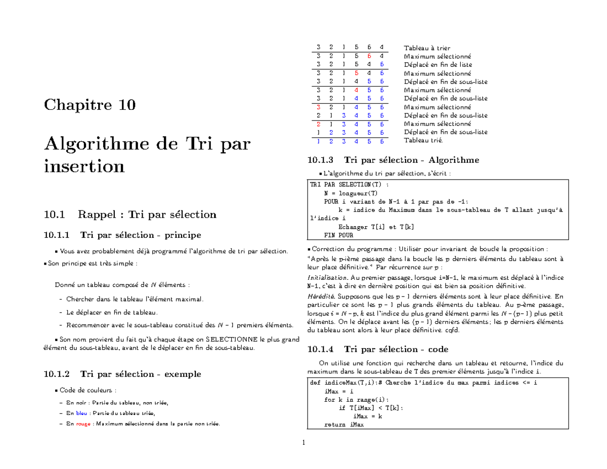 Chapitre 10: Tri par Insertion et Sélection - Informatique PCC - Studocu