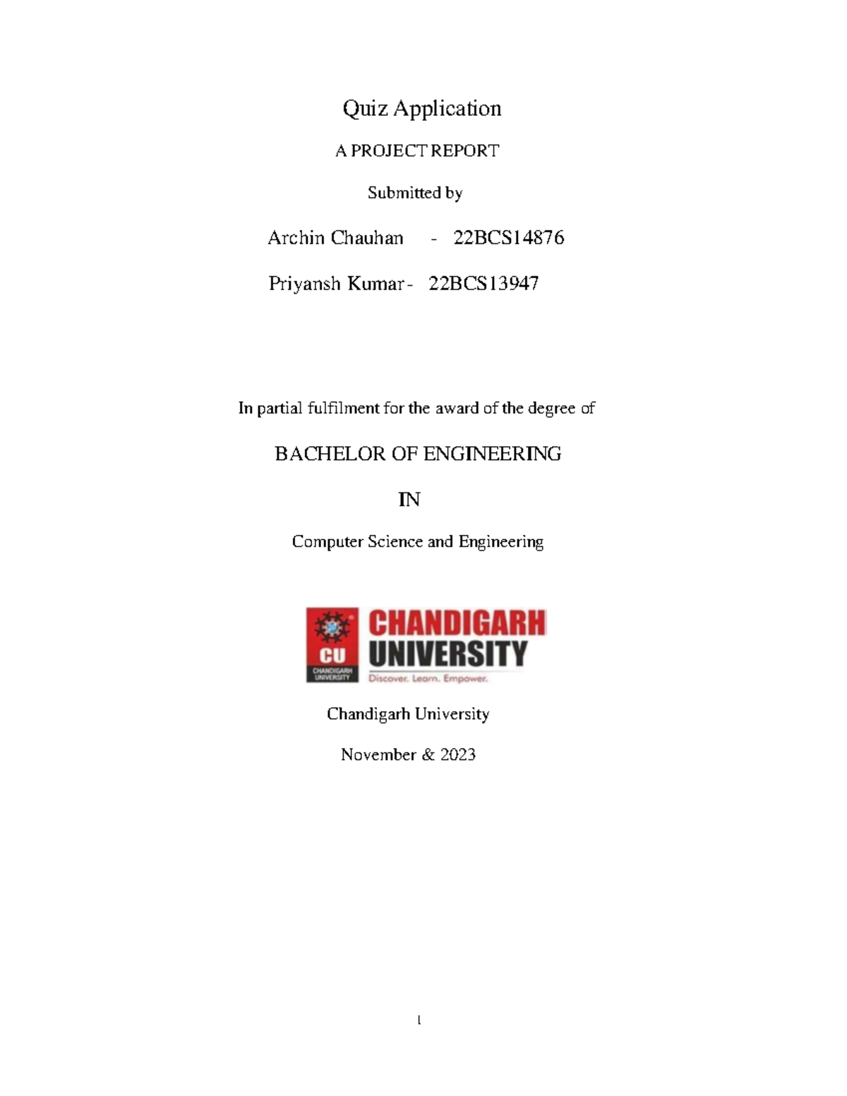 Java Quiz Application Project Report - 22BCS14876 & 22BCS13947 - Studocu