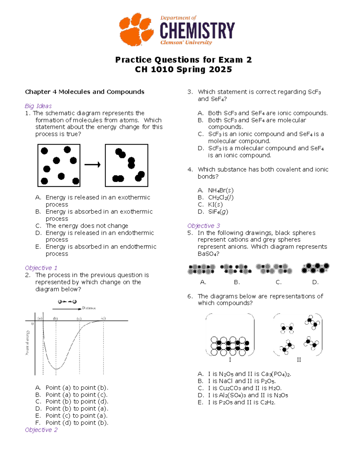 Practice Questions for Exam 2 CH 1010 Spring 2025: Molecules ...