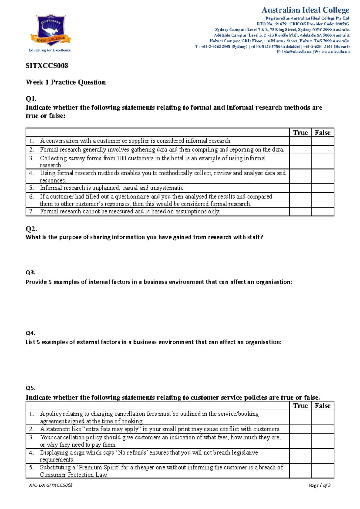 Sitxccs 007 Week 1 Practice Question - Solution - Educating for ...