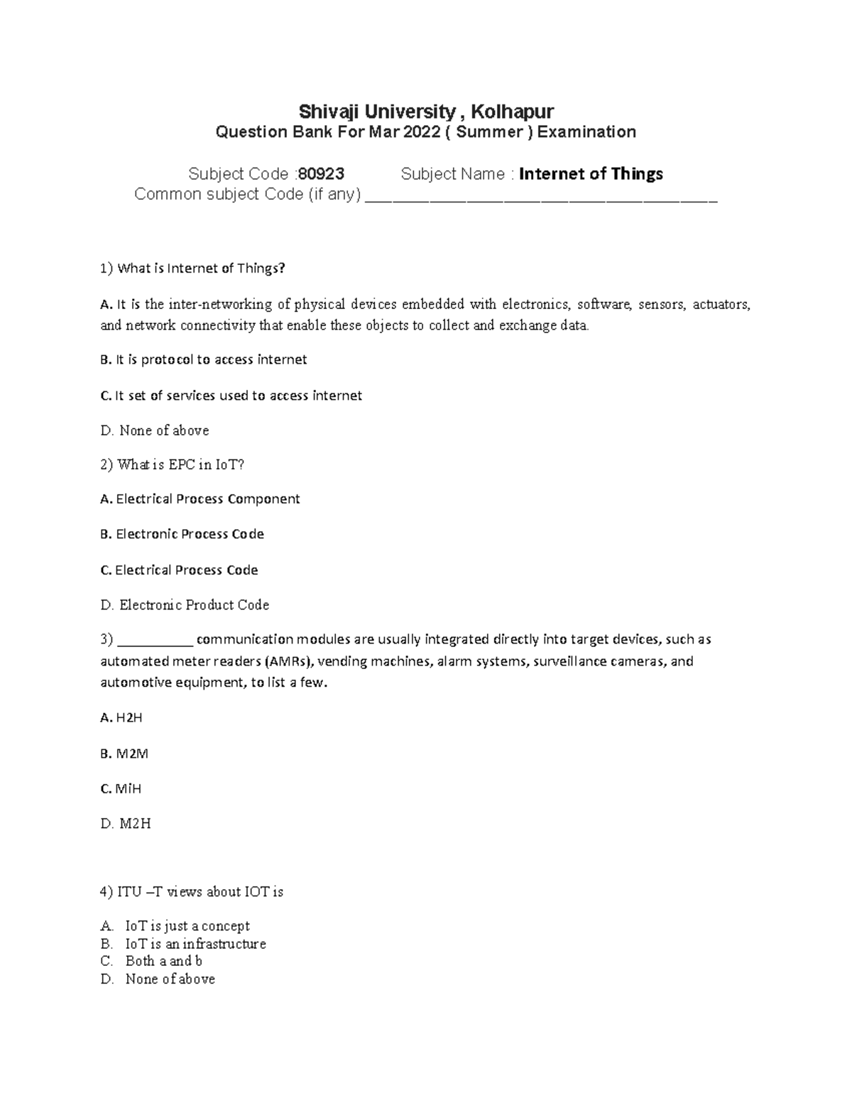 IoT - Internet of Things Question Bank for Summer Exam 80923 - Studocu