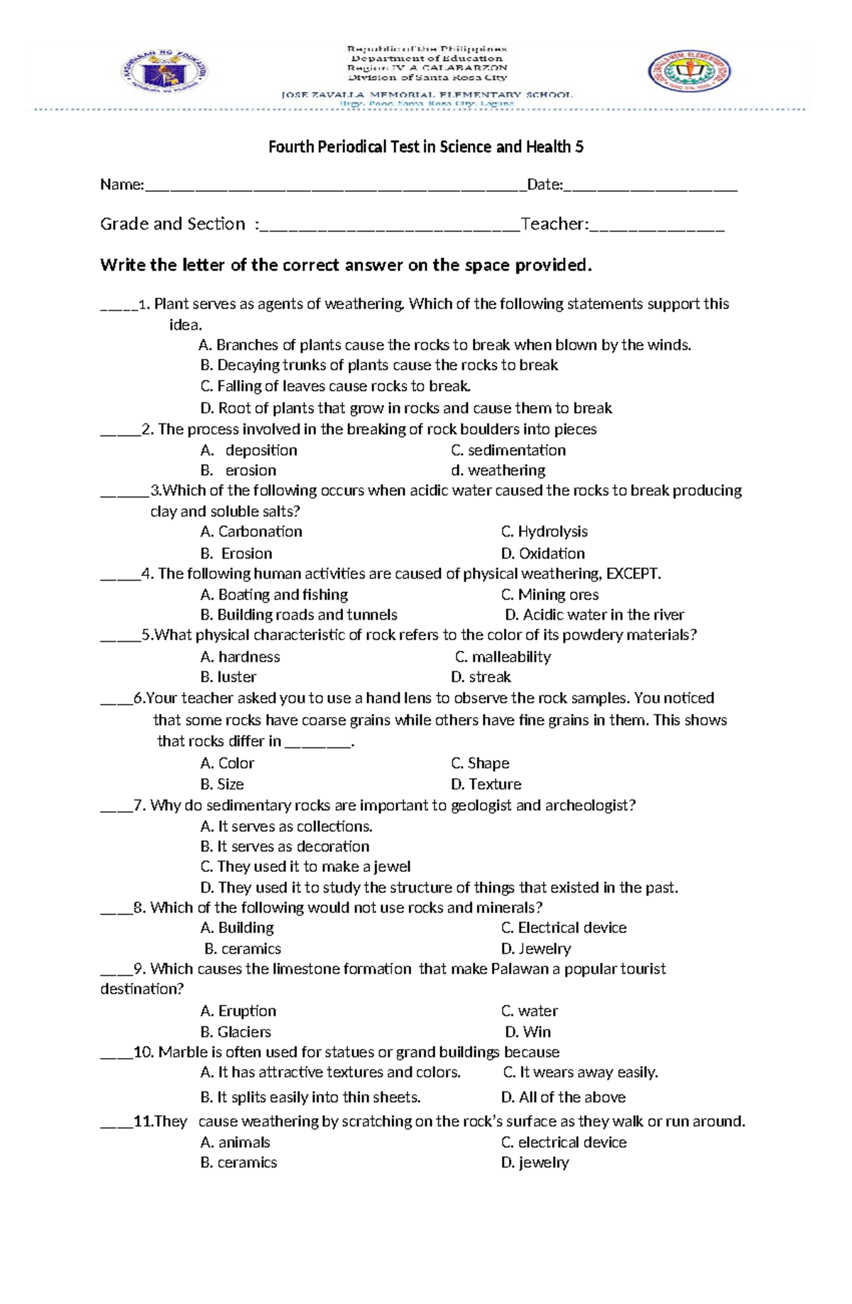 QA PT Science 5 - Q4 V1 - Sample Test Questions and Answer Key - Studocu