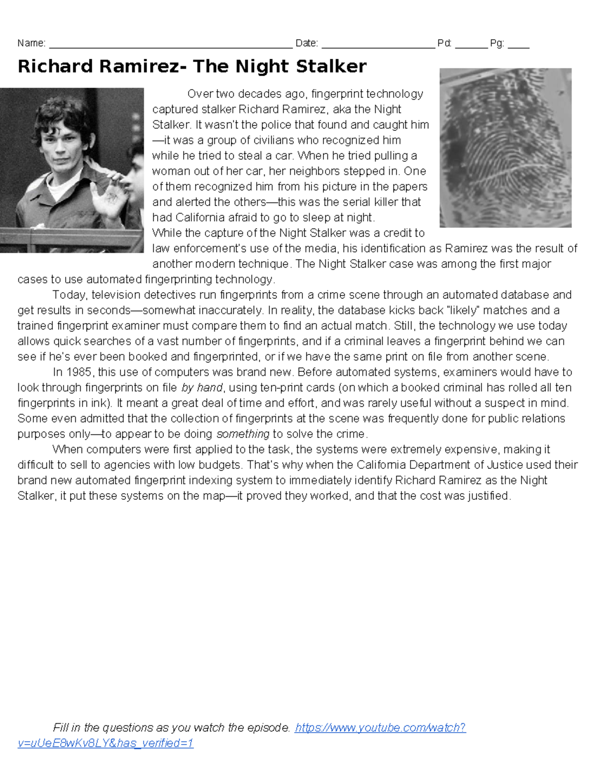 Richard Ramirez Case Study: The Night Stalker & Fingerprint Tech - Studocu