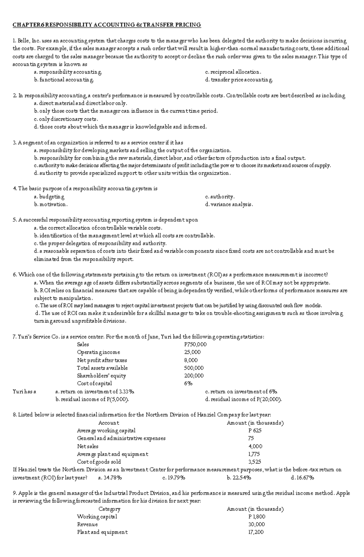 CHAPTER 6: RESPONSIBILITY ACCOUNTING & TRANSFER PRICING - Studocu