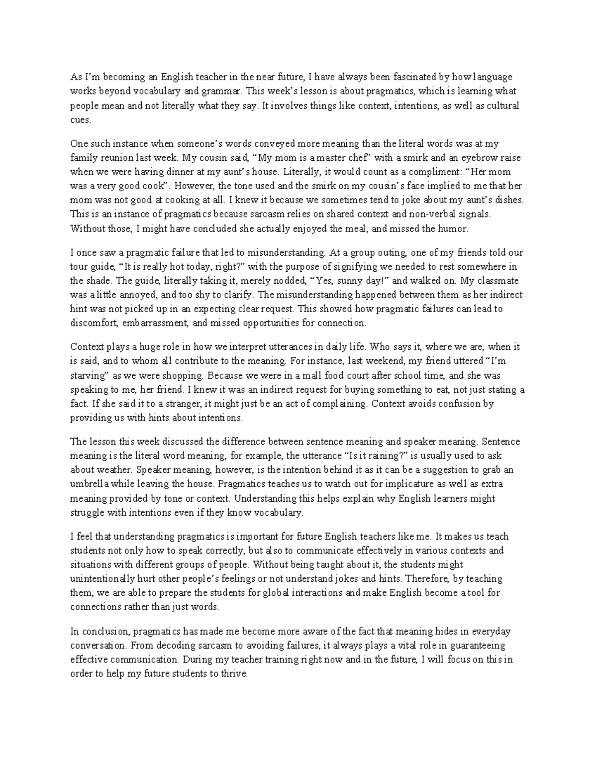 Week 1 - Reflection on Pragmatics in English Teaching - Studocu