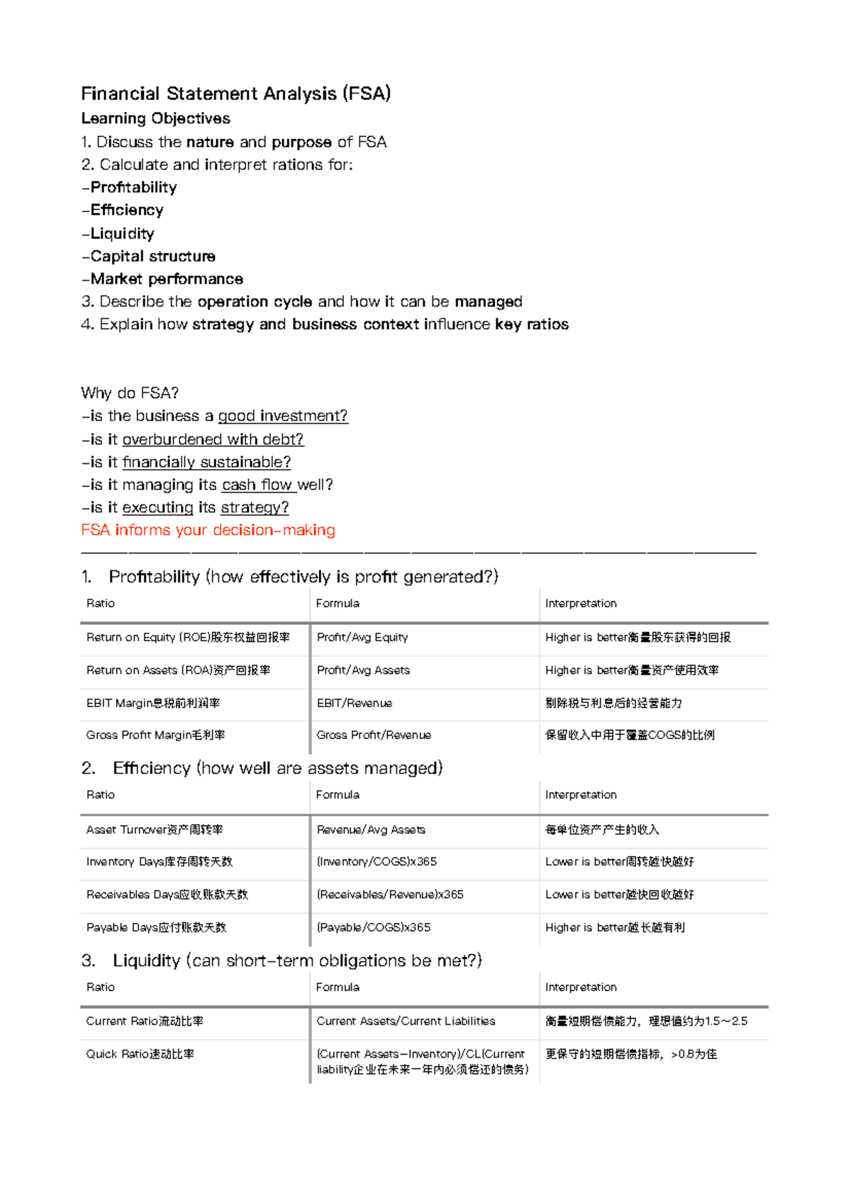 Financial Statement Analysis (FSA) Lecture 7 Notes: Key Concepts ...