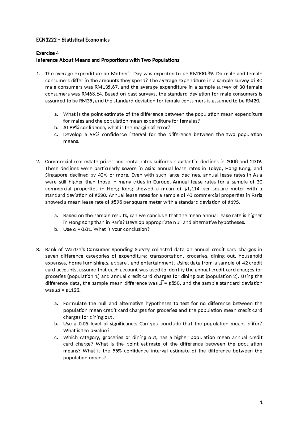 Statistical Economics Exercise 4: Inference on Means & Proportions ...