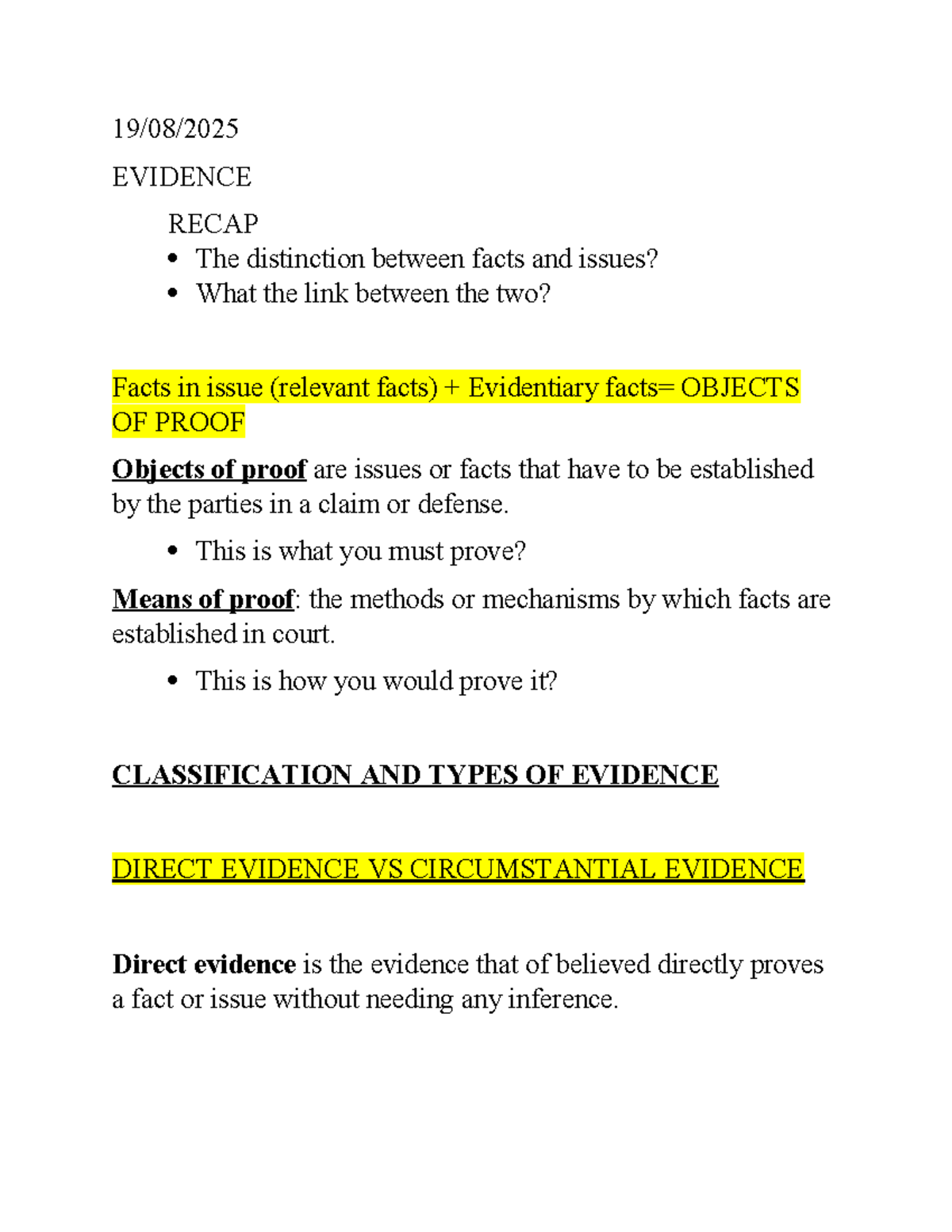 TYPES OF EVIDENCE IN LAW: FACTS, PROOF, AND CLASSIFICATIONS - Studocu