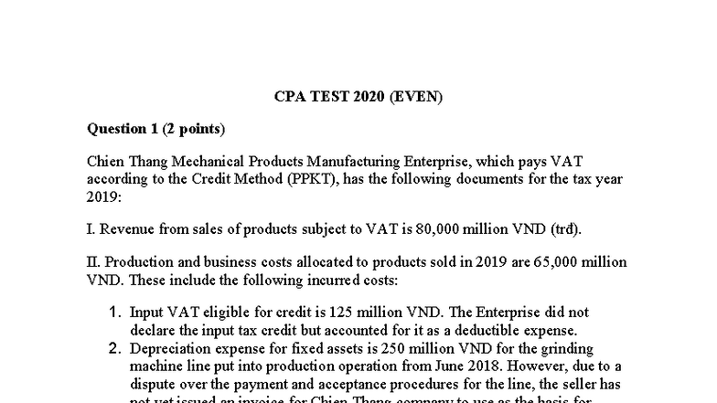 CPA TEST 2020 - CPA - CPA TEST 2020 (EVEN) Question 1 (2 points) Chien ...