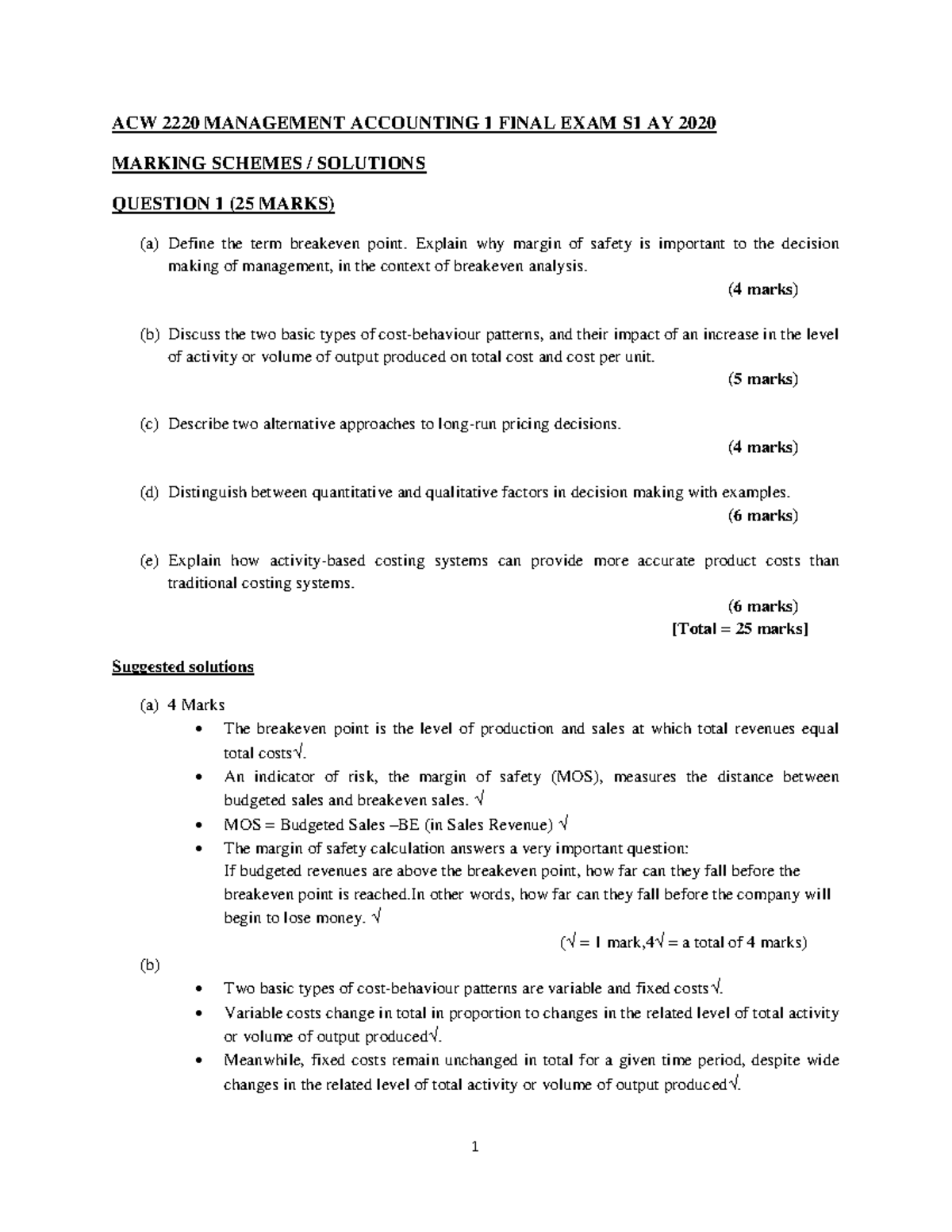ACW 2220 Management Accounting 1 Final Exam Practice Questions ...