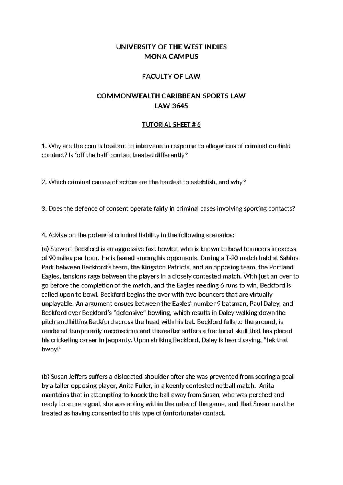 LAW 3645 Tutorial Sheet 6: Criminal Liability in Sports Law - Studocu