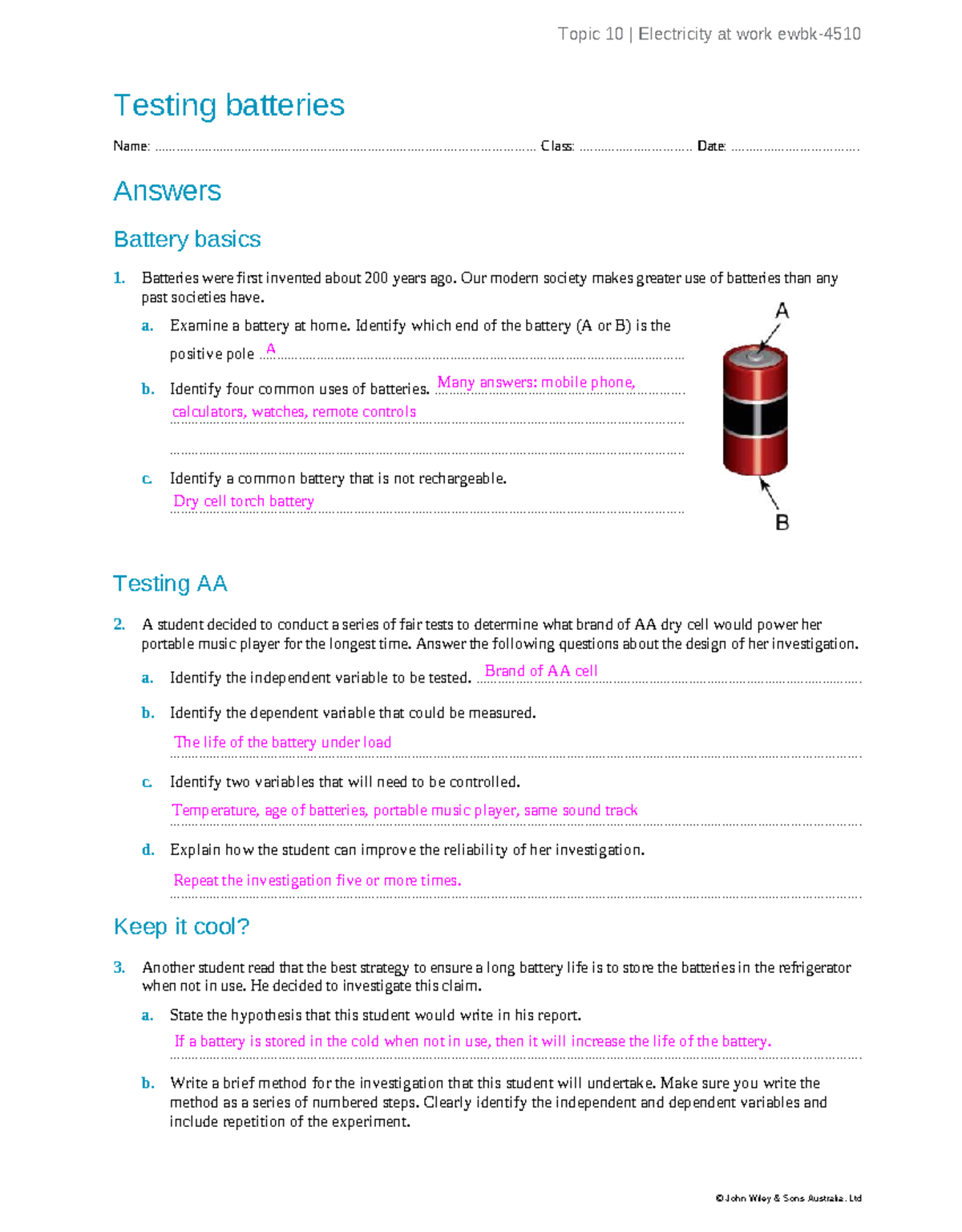 Topic 10: Electricity at Work - Testing Batteries Worksheet 3 Answers ...
