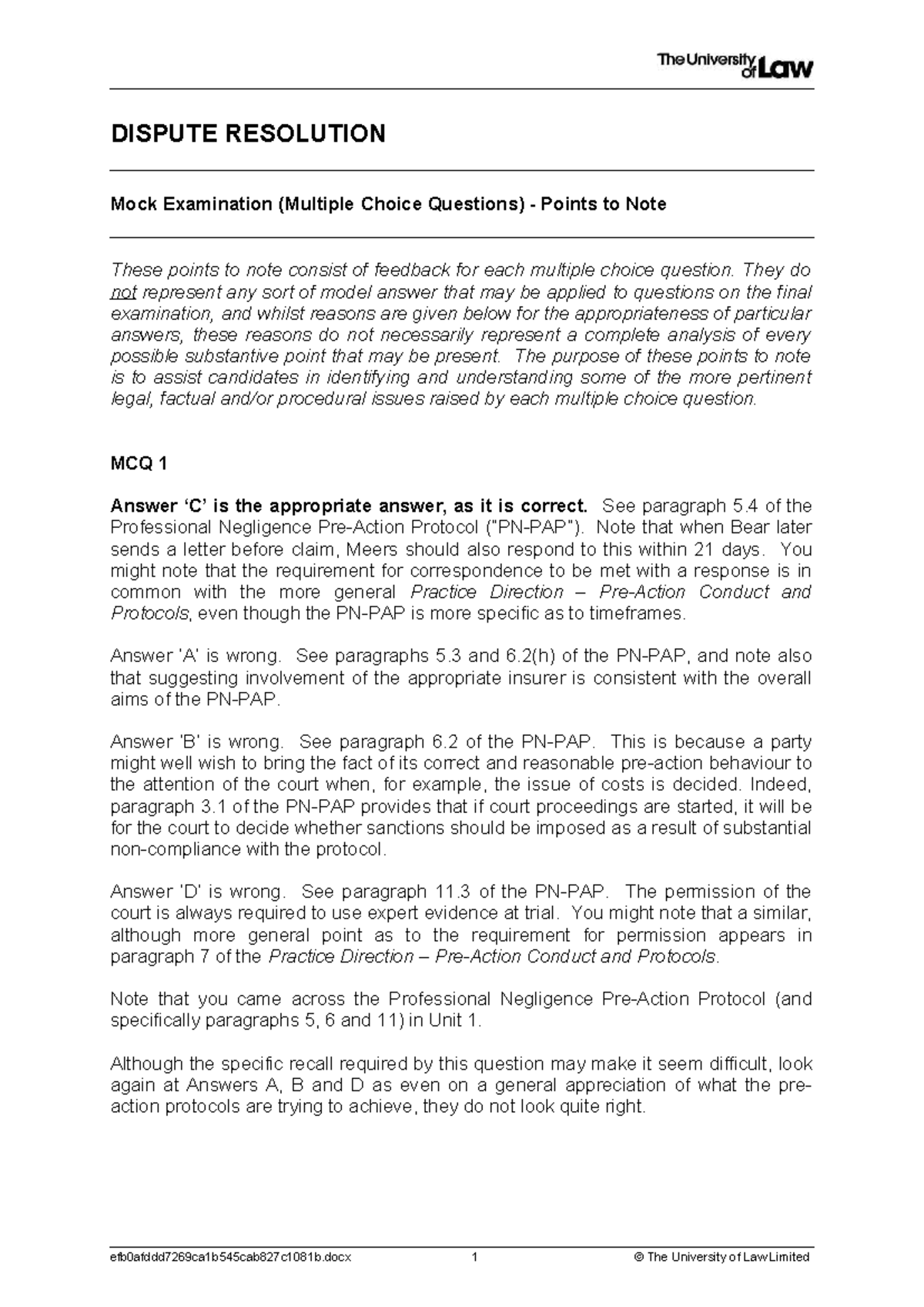 Dispute Resolution (DR101) Mock Exam Points to Note - Studocu