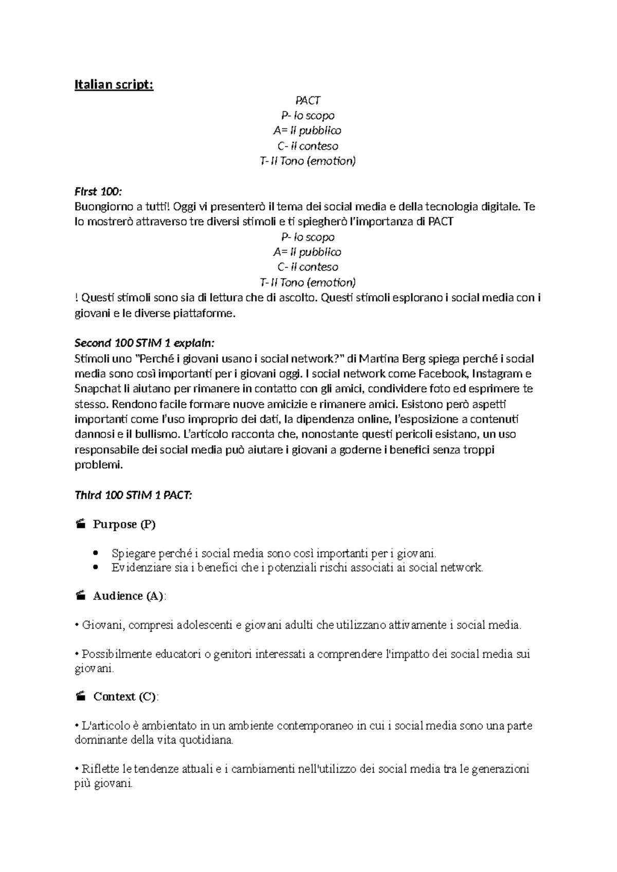 Italian script - IA1 practice - Italian script: PACT P- lo scopo A= Il ...