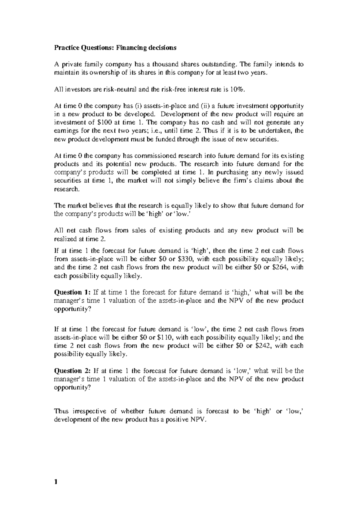 Practice Problems: Financing Decisions (Course Code: FIN 101) - Studeersnel