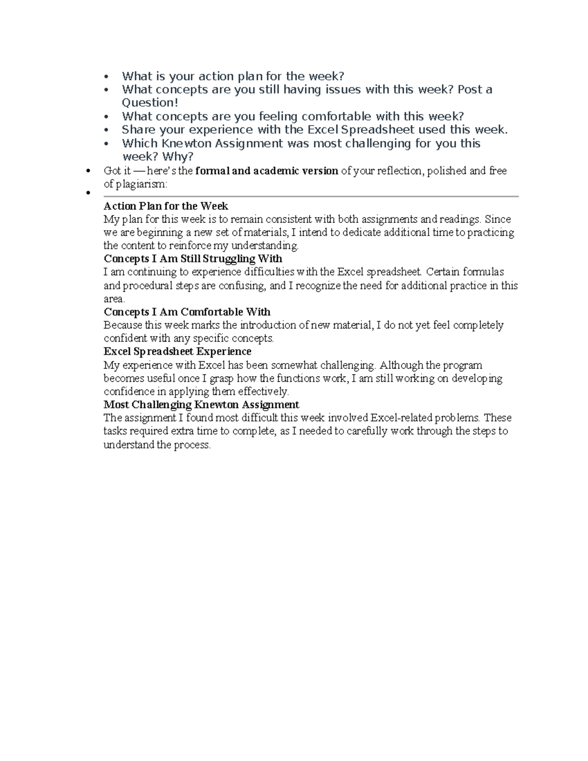 Discussion - Weekly Action Plan and Challenges in Excel - Studocu